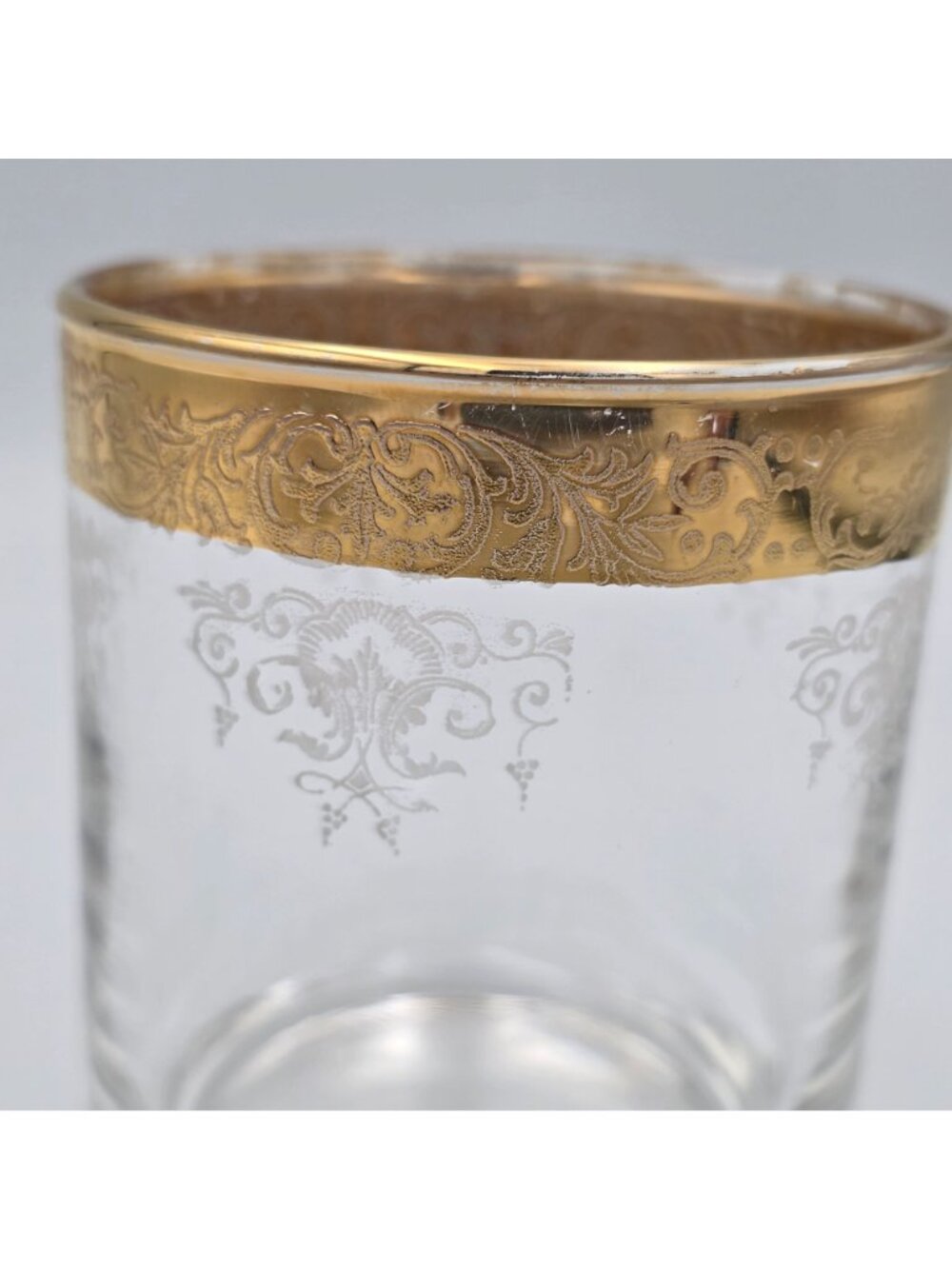 Old Fashioned by Cellini Gold Rim Etched Glass Tumbler With Floral Scroll Design - Picture 3 of 9